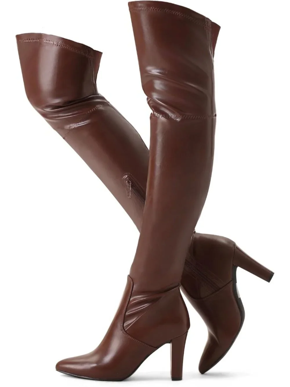 Women's Pu Brown Stretch Suede Chunky Heel Over The Knee Thigh High Boots